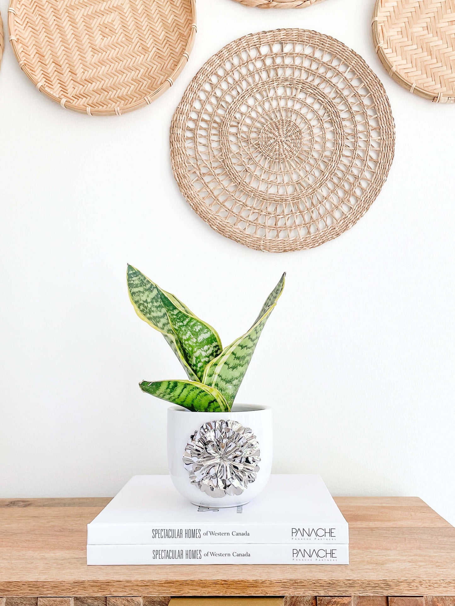 Lumina Glossy White Ceramic Planter Silver Floral Design
