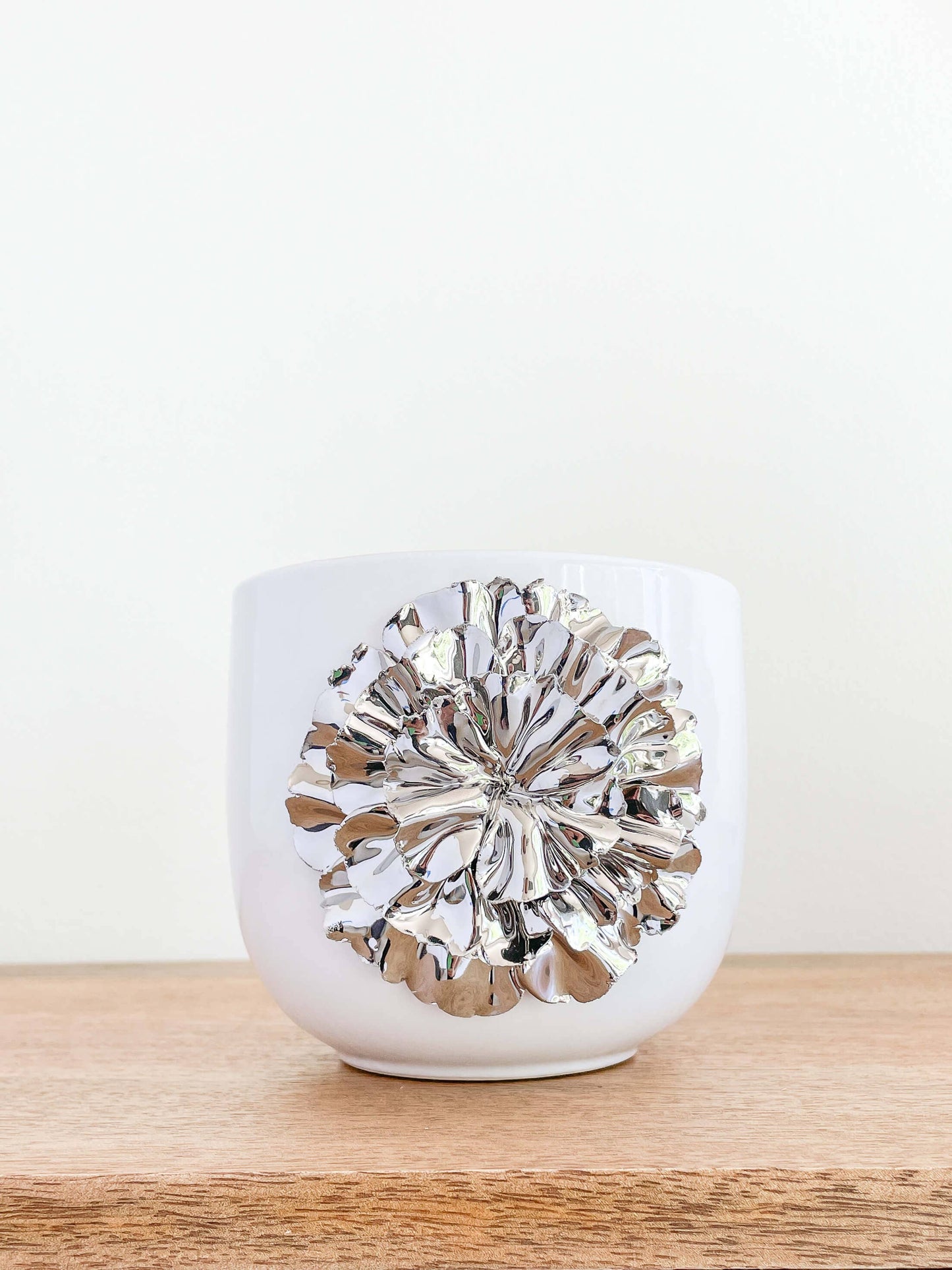 Lumina Glossy White Ceramic Planter Silver Floral Design