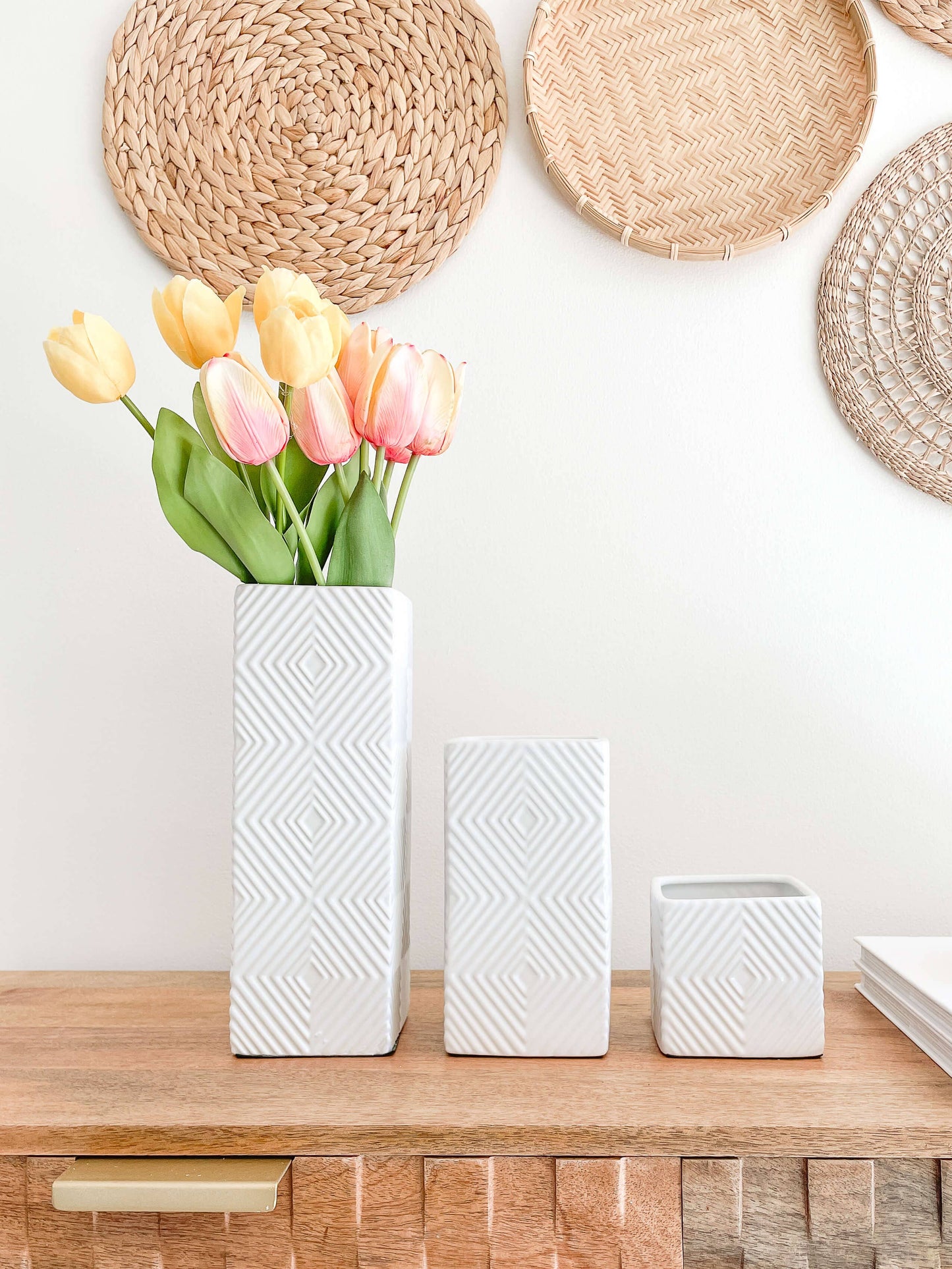 Clara White Ceramic Vase with Diamond Pattern
