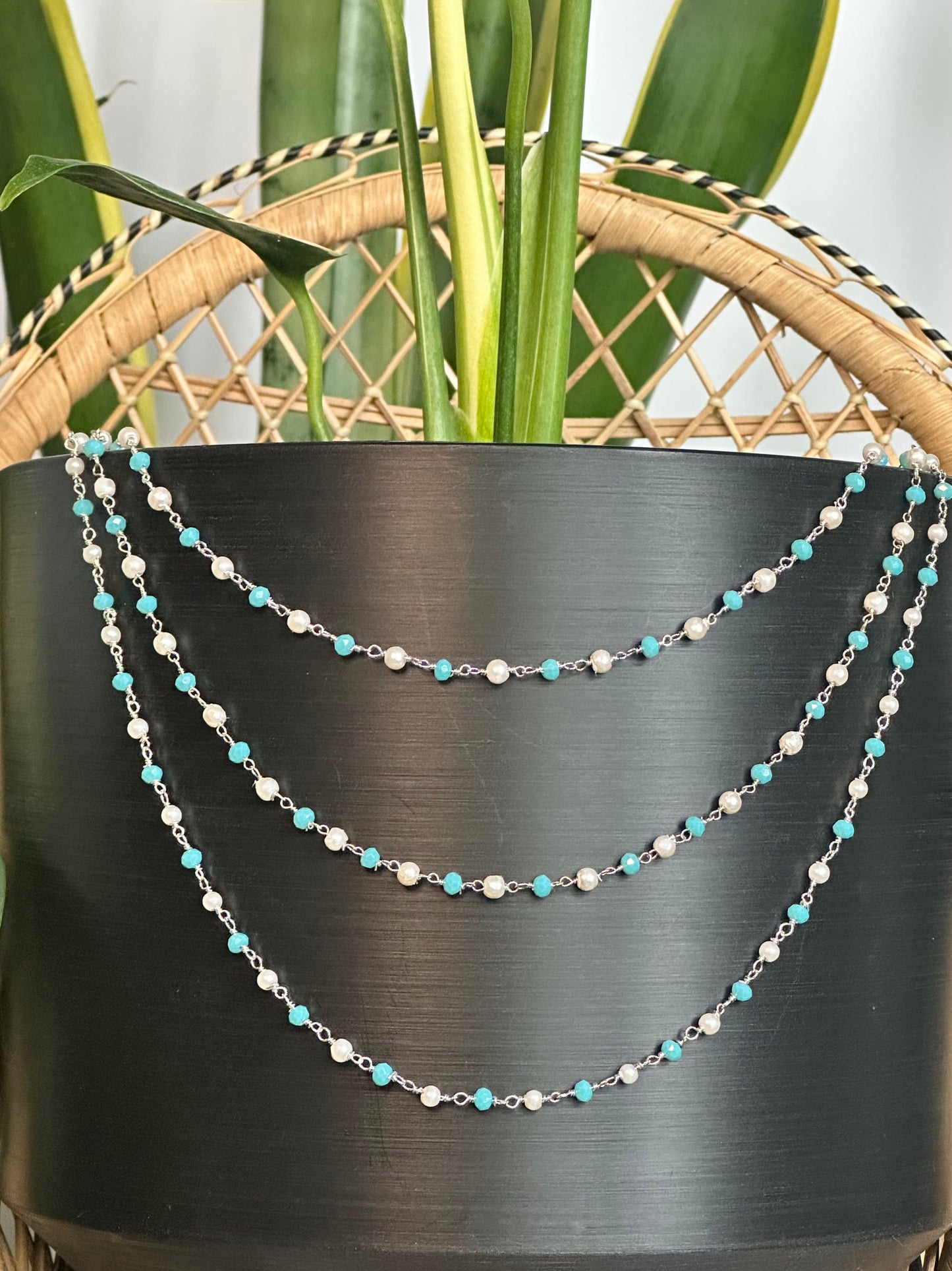 Blue Turquoise & White Pearl (with Silver) Plant Jewelry