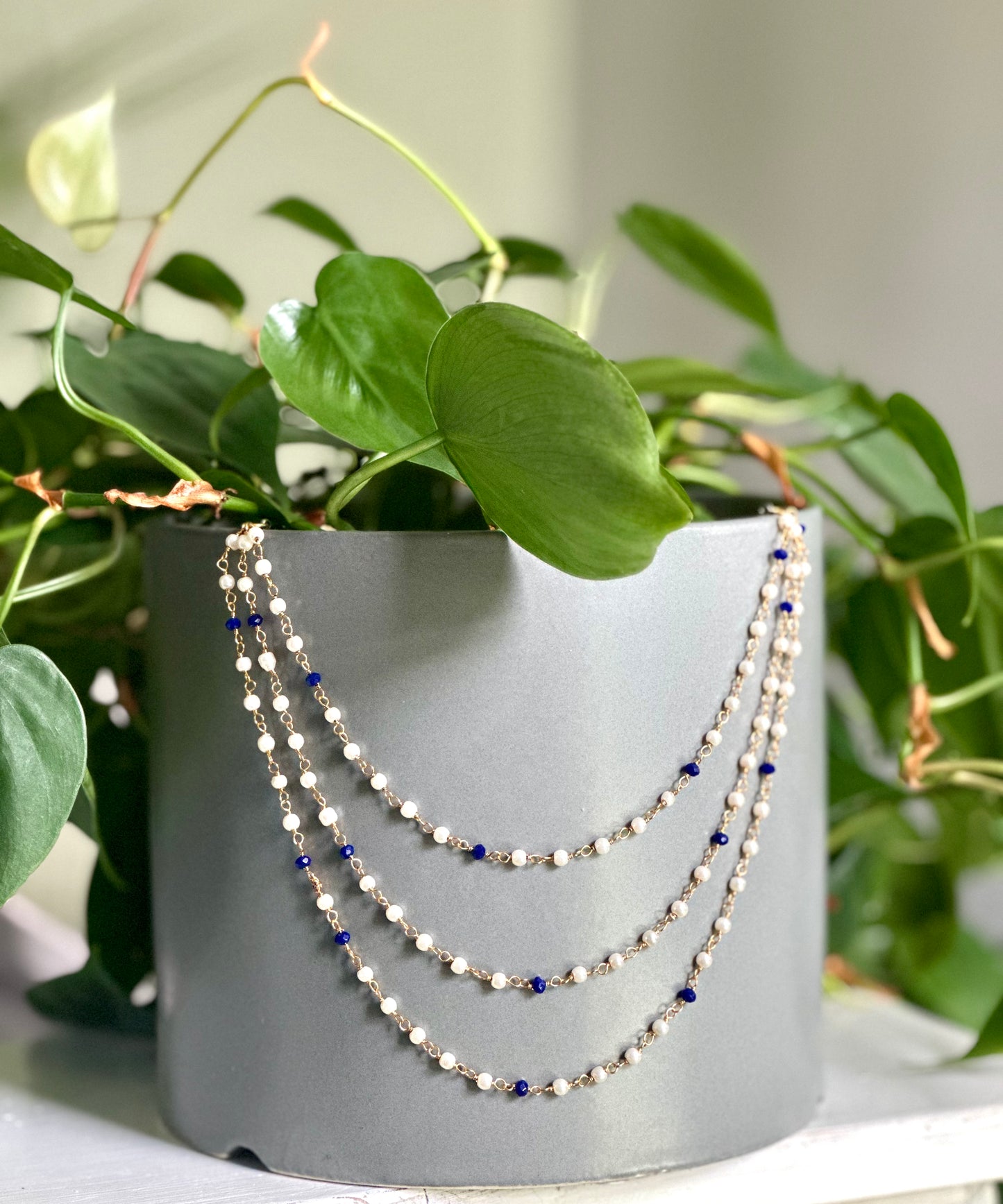 Royal Blue Lapis & White Pearl Plant Jewelry