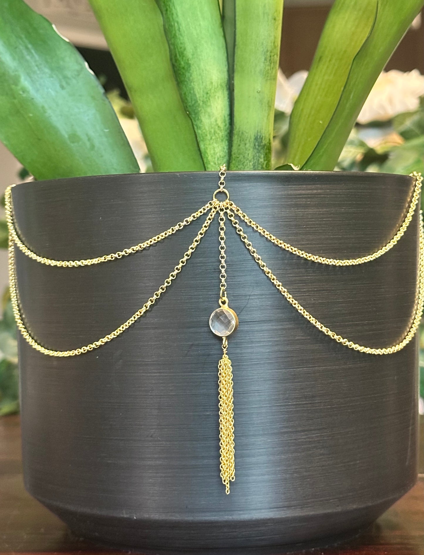 Crystal Quartz Tassel Pendant with Gold Plant Jewelry