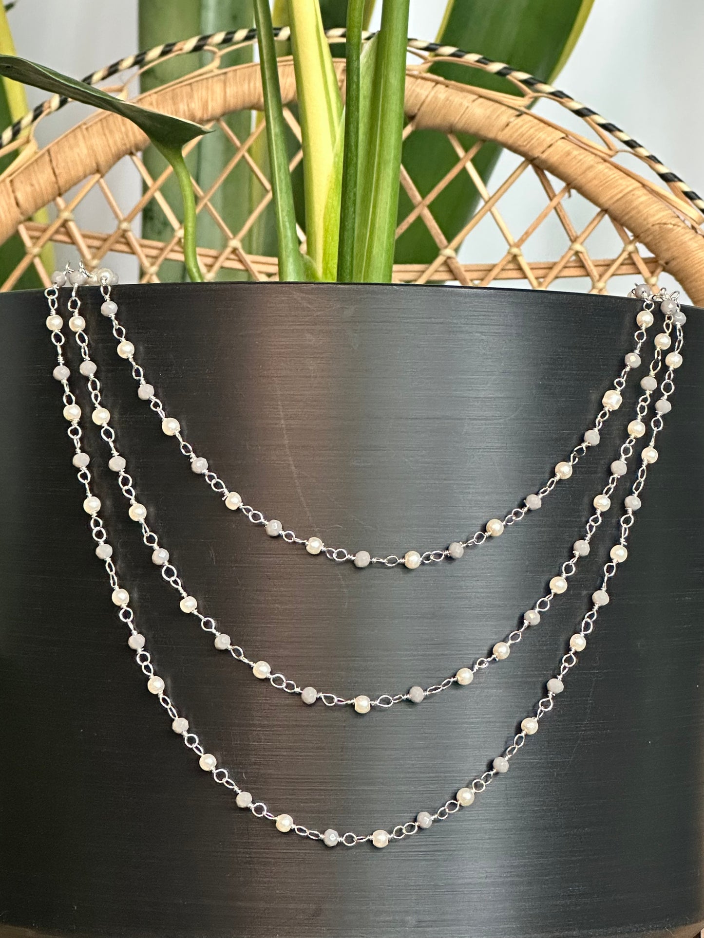 Grey Moonstone & White Pearl Plant Jewelry