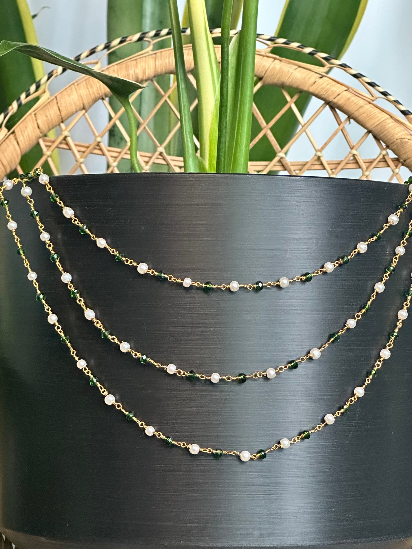 Green Quartz & White Pearl Plant Jewelry