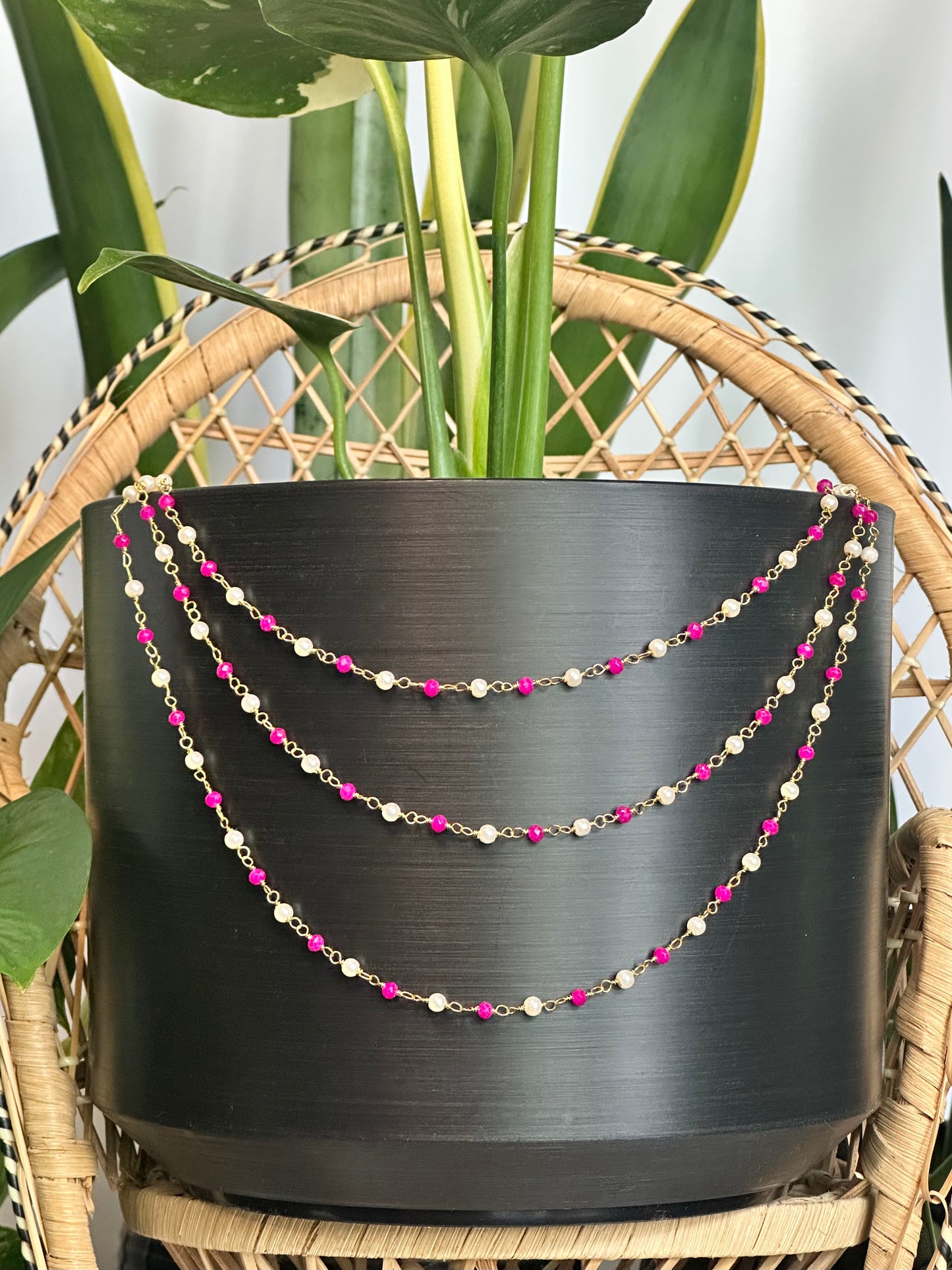 Pink Chalcedony & White Pearl Plant Jewelry