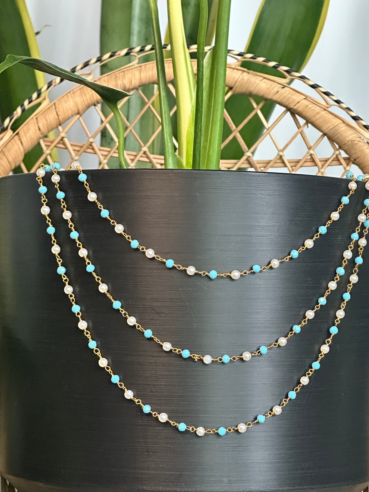 Blue Turquoise & White Pearl (with Gold) Plant Jewelry