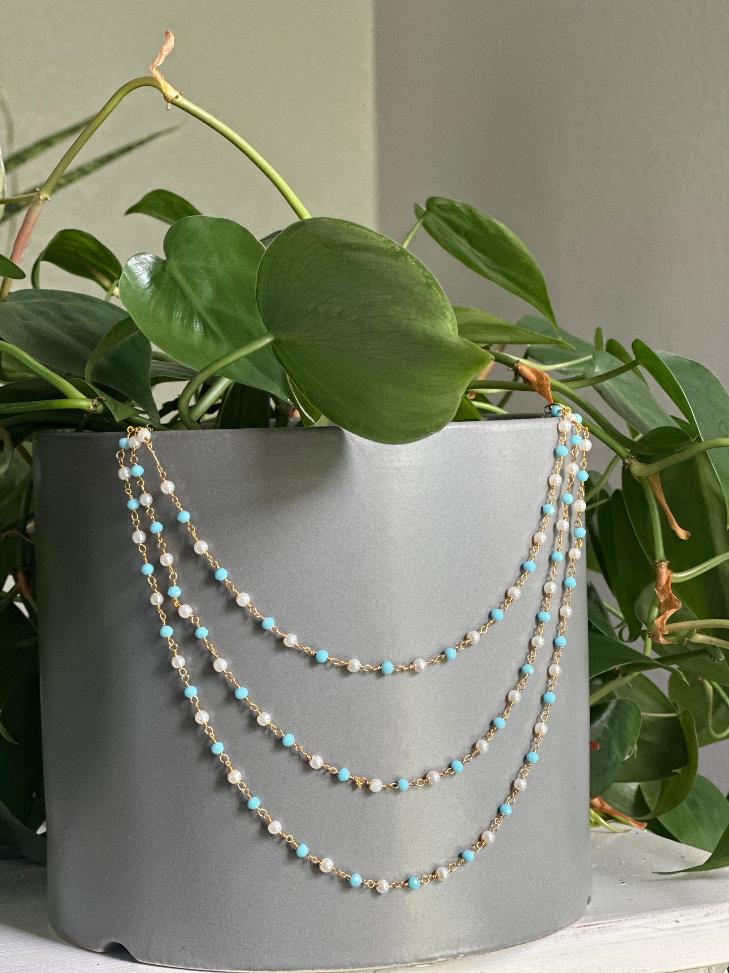 Blue Turquoise & White Pearl (with Gold) Plant Jewelry