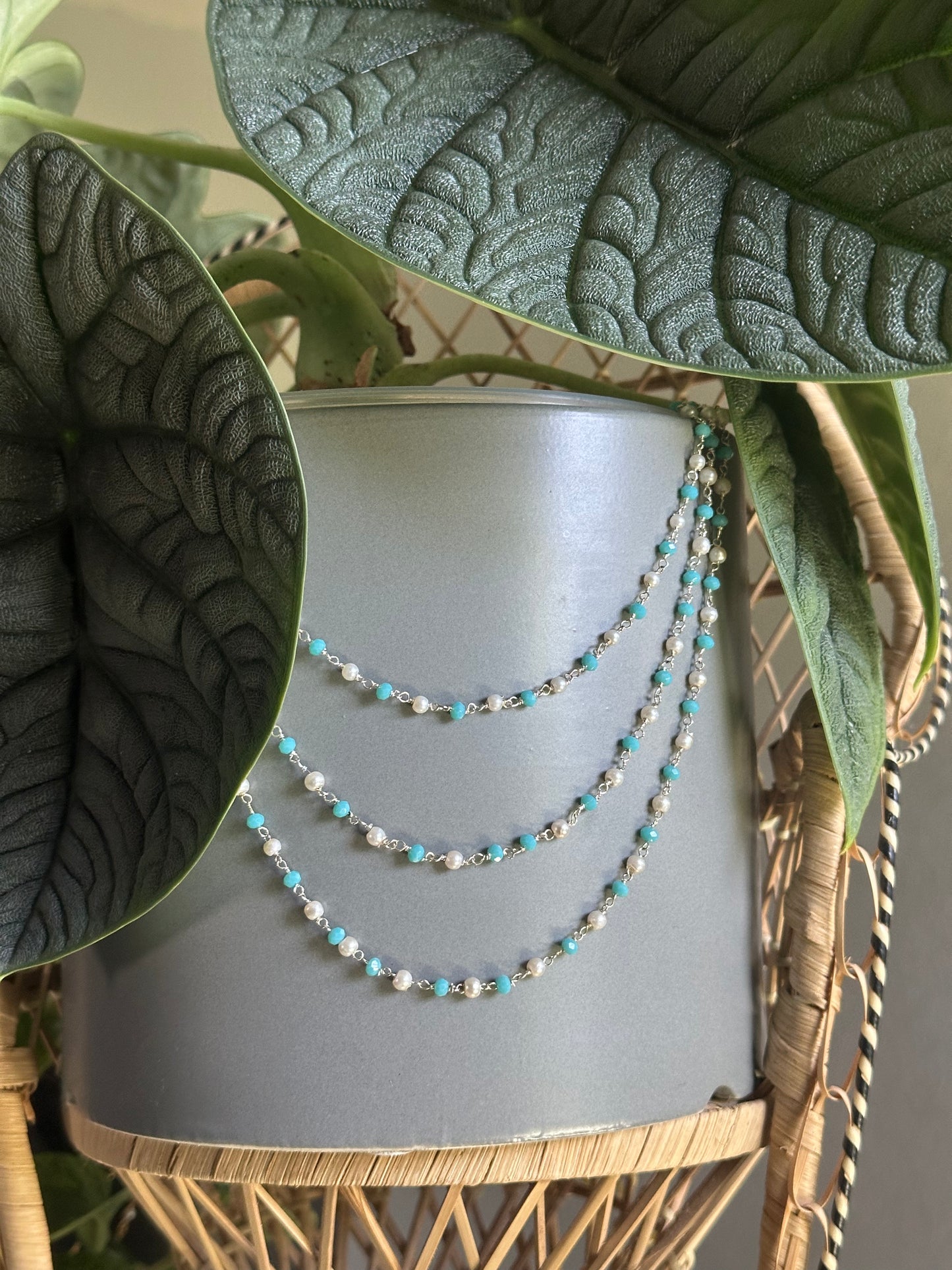 Blue Turquoise & White Pearl (with Silver) Plant Jewelry