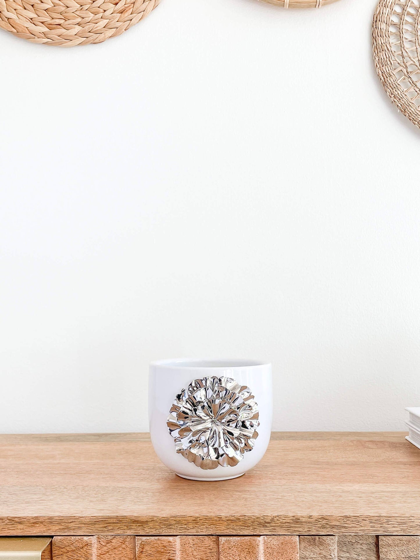 Lumina Glossy White Ceramic Planter Silver Floral Design