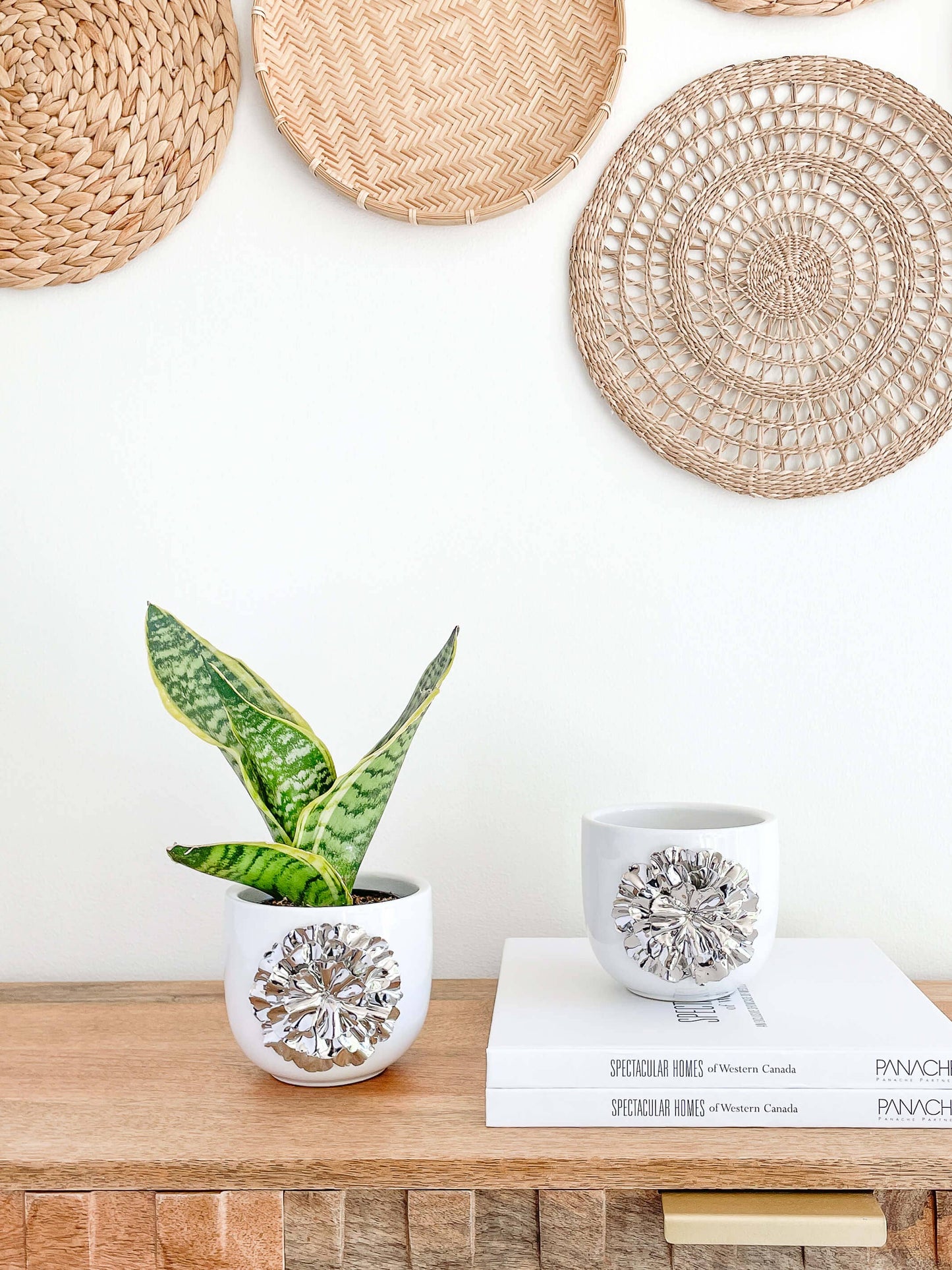 Lumina Glossy White Ceramic Planter Silver Floral Design