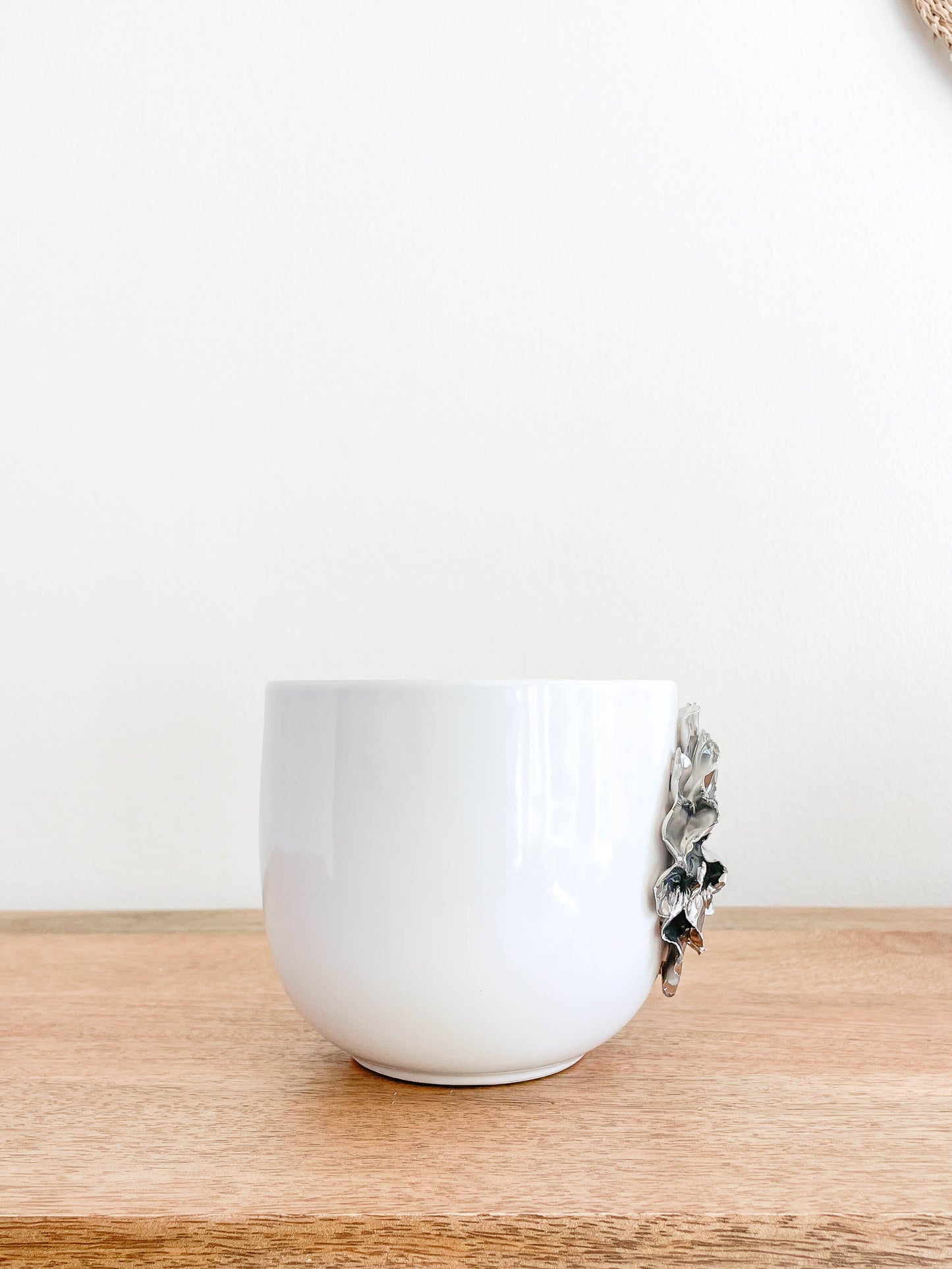 Lumina Glossy White Ceramic Planter Silver Floral Design